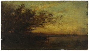 Woda, zachodzące słońce. Na odwrocie: Dwa studia, między 1850 a 1860 (olej na drewnie) autorstwa Félix Ziem