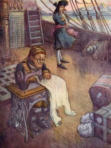 Bosman Smee przy swojej maszynie do szycia (kolorowa litografia)