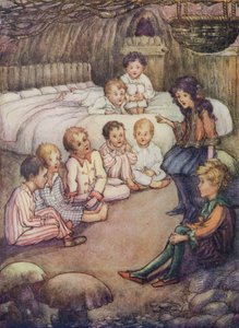 Podziemny dom w lesie, w którym Wendy opowiadała historie (kolorowa litografia)