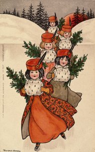 Pięć małych dziewczynek z mufkami autorstwa Florence Hardy