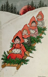 Cztery małe dziewczynki na sankach (litografia kolorowa)
