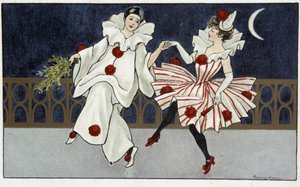 Pierrot i Colombine tańczą w świetle księżyca - dess. przez Florence Hardy, deb. XX wiek