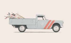 Pick-up z deskami surfingowymi, 2019 (ołówek, cyfrowo) autorstwa Florent Bodart