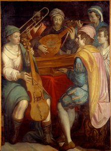 Muzycy na lutni koncertowej, epinet, puzon i viola de gamba. Anonimowy obraz szkoły florenckiej 1550-1600. Słońce 1,8x1,3m²