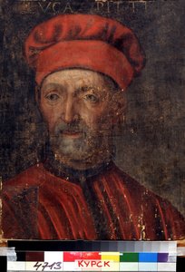 ""Portret bogatego florenckiego bankiera Luki Pitti (1394-1472)""Dał swoje imię pałacowi Pitti) Obraz szkoły florenckiej z początku XVI wieku Regionalna Galeria Sztuki Deineka, Kursk Rosja