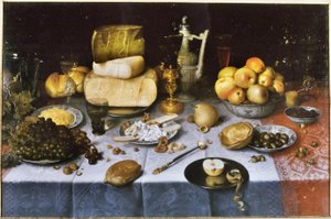 Holenderski: Martwa natura z owocami, serem, chlebem i winem Nakryty stół z serem i owocami autorstwa Floris van Dyck
