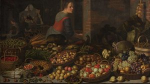 Martwa natura z owocami i warzywami, z Chrystusem w Emaus w tle autorstwa Floris Gerritsz van Schooten
