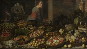 Martwa natura z owocami i warzywami, z Chrystusem w Emaus w tle, ok. godz. 1630
