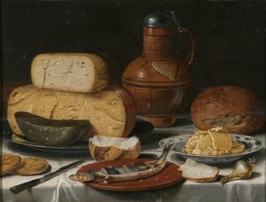 Martwa natura z serem, śledziem, chlebem i winem autorstwa Floris van Schooten