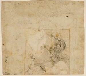 Głowa kobiety w profilu w lewo; Szkic drzew i budynku autorstwa Follower of Jacopo Bassano