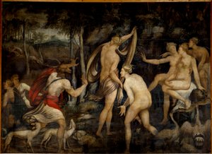 Diane (Artemida), bogini łowiectwa, i Acteon, myśliwy Malarstwo szkoły w Fontainebleau (XVI wiek). Wymiary 2,65 x 3,67 m²
