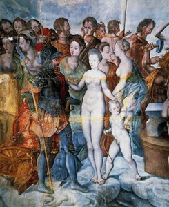 Henryk II i Diana de Poitiers, freski w pozłacanej wieży Ligue, szkoła Fontainebleau, zamek Tanlay (XVI-XVII w.), Burgundia, Francja autorstwa Fontainebleau School