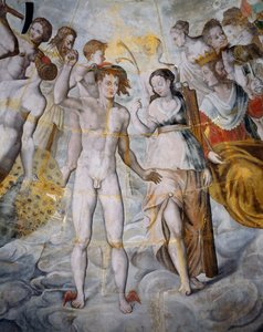 Merkury, posłaniec bogów i Psyche, Janus po prawej, freski w pozłacanej wieży Ligue, szkoła Fontainebleau, zamek Tanlay (XVI-XVII w.), Burgundia, Francja autorstwa Fontainebleau School