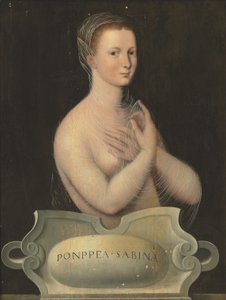 Portret Poppaea Sabina, półdługi, w przezroczystym welonie, przed kamiennym kartuszem (olej na płycie) autorstwa Fontainebleau School