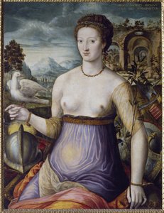 Alegoria Pokoju, czyli Diana de Poitiers trzymająca gołębicę Portret księżnej Valentinois Diany de Poitiers (1499-1566), ulubionej króla Francji Henryka II. Obraz Szkoły w Fontainebleau, XVI wiek. Florencja, Museo Nazionale del Bargel