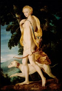 Bogini z kokardą towarzyszy pies. Malarstwo Szkoły w Fontainebleau. XVI w. niedz. 1,91 x 1,32 m Paryż, Musee du Louvre autorstwa Fontainebleau School