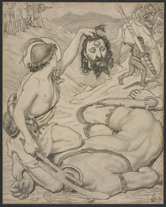 Dawid i Goliat, rysunek do witrażu w Jesus College, Cambridge, 1872. autorstwa Ford Madox Brown
