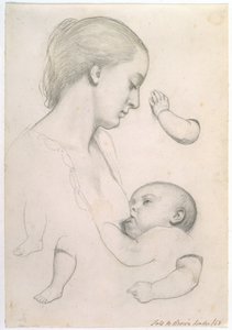 Odpoczynek Niemowlęcia - Studium Matki i Dziecka z oddzielnymi Studiami Dziecka na ręce i nogi, 1848 r. autorstwa Ford Madox Brown