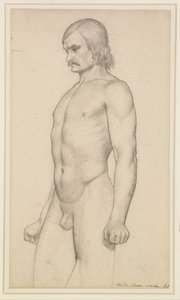 Akt męski - Studium akademickie, akt o długości trzech czwartych, z wąsami i zaciśniętymi pięściami autorstwa Ford Madox Brown