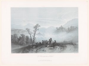 Pasterze z krowami i owcami w mglistej dolinie Le Brouillard dans la Vallée (tytuł na obiekcie) autorstwa Fortuné Ferogio