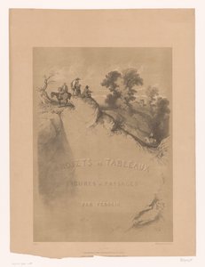 Grafika tytułowa przedstawiająca krajobraz skalny i podróżnych wzdłuż wąwozu Studia krajobrazowe i figuralne Férogio (tytuł serii) Projets de tableaux de figures et paysages, par Férogio (tytuł serii na obiekcie)