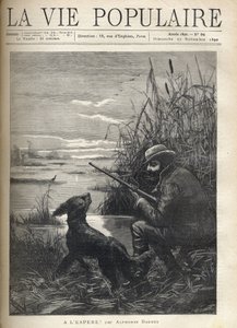 Łowca ptaków obserwuje ze swoim psem na bagnach. Ilustracja F. Meaulle dla „” Mam nadzieję! „” Alphonse Daudet (1840-1897). Rycina z 1890 roku w „La vie populaire”. Prywatna kolekcja autorstwa Fortune Louis Meaulle
