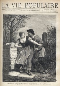 Kilku wieśniaków, mężczyzna w bluzce i kopytku, skoczyło na młodą kobietę, która odepchnęła go z uśmiechem i lekkością. Ilustracja E. Bertina do Les dwadzieścia pięć franków de la superieure Guy de Maupassant (1850-1893). Grawerowanie przez Fortune Meaulle autorstwa Fortune Louis Meaulle