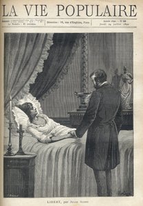Pogrążony w smutku mężczyzna, stojący przy łóżku, trzyma za rękę swoją cudowną martwą kobietę. Na stoliku nocnym świeca i krucyfiks. Na nadprożu kominka filiżanka i rzeźba kobiety w stroju antycznym. Ilustracje autorstwa Fortune Louis Meaulle