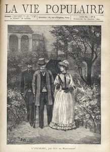 Mężczyzna z bequillami spaceruje z elegancką młodą kobietą po alejkach parku. Za nimi podąża drugi mężczyzna. Ilustracja Fortune Louis (Fortune-Louis) Meaulle dla „”L