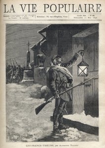 Żołnierz niosący całą swoją bardę, karabin bagnetowy i machający latarnią przed zamkniętymi drzwiami kamienicy. Za nim, w pobliżu Żelaznego Krzyża, przybywa do niego reszta trupy. Ilustracja przedstawiająca Montegut (?) , dla Les Francs Shoirers autorstwa  autorstwa Fortune Louis Meaulle