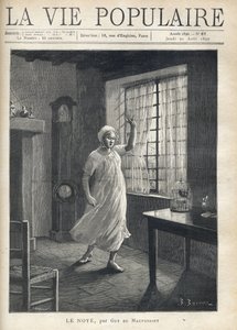 Kobieta w koszuli i nocnej czapce, z twarzą pełną strachu, smutnymi oczami i podniesioną ręką, staje boso przed oknem swojego domu, przez które widać maty łodzi. Wewnątrz zegar, klatka dla ptaków i małe meble. Ilustracja autorstwa autorstwa Fortune Louis Meaulle