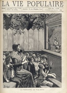 Kobieta w środku grupy dzieci oklaskiwała przedstawienie kukiełkowe (Guignol). Ilustracja Fortune Meaulle autorstwa Monteguta do „Chłopa” Paula Arene