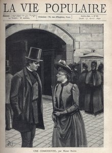 Młoda kobieta w kapeluszu z welonem zakrywającym twarz, trzymająca parasolkę i książkę, rozmawia z eleganckim młodym mężczyzną w garniturze i cylindrze, z rękami w kieszeniach. Za nimi grupa surowych kobiet w ciemnych płaszczach i zawoalowanych. Obserwuje  autorstwa Fortune Louis Meaulle