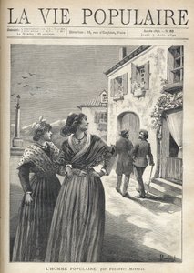 Na ulicach prowansalskiej wioski dwie ładne kobiety w prowansalskich sukniach odwracają się na ulicę, by stawić czoła mężczyźnie, który śmiało zwraca się w ich stronę. Ilustracja Monteguta do Człowieka popularnego Frederica Mistrala (1830-1914). Grawerowan autorstwa Fortune Louis Meaulle