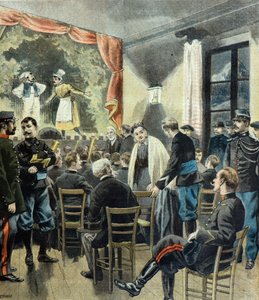 Le theatre aux armeses, przedstawienie w wykonaniu alpejskich myśliwych autorstwa Fortune Louis Meaulle