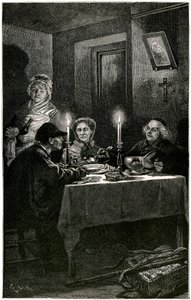 Victor Hugo "Les Miserables" Ilustracja Lix wygrawerowana przez Meaulle: Forcat i Eveque. Jean Valjean, któremu Eveque Myriel zaoferował szpital, popełni swój ostatni lot: srebrną zastawę swojego gospodarza. Na stole dwa srebrne świeczniki autorstwa Fortune Louis Meaulle