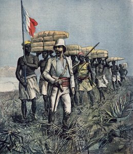 Porucznik Mizon (1853-99) podczas swojej misji eksploracji obszaru rzeki Benue w Nigerii w 1892 r., z „Le Petit Journal”, lipiec 1892