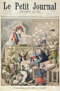 Strona tytułowa przedstawiająca zamieszanie w Izbie Poselskiej, ilustracja z ilustrowanego dodatku Le Petit Journal, 10.07.1898