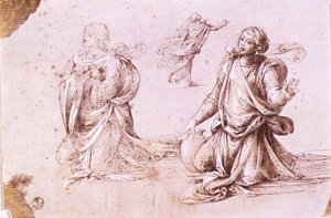 Trzy studia postaci kobiecej do Niewiasty z Samarii (pióro i tusz na papierze) autorstwa Fra Bartolomeo
