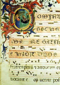 Ms 558 f.9r Historyczny inicjał „O” przedstawiający wezwanie św. Piotra i św. Andrzeja z zapisem nutowym, fragment strony z Mszału, początek lat 30. XIV w. (welin) (szczegóły zob. 78833 i 88929) autorstwa Fra (c.1387 1455) Angelico