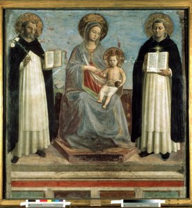 ""Madonna z Dzieciątkiem w otoczeniu św. Dominika de Guzman (1170-1221), założyciela zakonu dominikanów i św. Tomasza z Akwinu (1225-1274) doktora kościoła" (Matka Boska i Dzieciątko ze św. Dominikiem i św. Tomaszem z Akwinu) Nosówka na drewnie jemioły