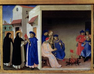 Predelle koronacji Dziewicy: cud księgi wysyła do Albigeese. Św. Dominika obala herezję katarów. Detrempe on wood autorstwa Guido di Pietro (lub Fra Giovanni da Fiesole) dit Fra Angelico lub il Beato (1400-1455). Muzeum w Luwrze autorstwa Fra  Angelico