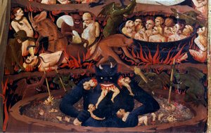 Sąd Ostateczny: szczegół Zaświatów. Cholery w piekielnych kręgach, tortury demonów. Fragment detrempe na drewnie autorstwa Guido di Pietro (lub Fra Giovanni da Fiesole) dit Fra Angelico lub il Beato (1387-1455)