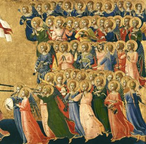 Chrystus uwielbiony na dziedzińcu niebieskim, detal muzykujących aniołów z prawej strony, 1419-35 (tempera na płycie) (detal z 4052) autorstwa Fra Angelico