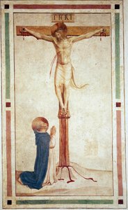 Ukrzyżowanie ze św. Dominikiem. Na krzyżu napis "INRI". Fresk Guido di Pietro autorstwa Fra Angelico