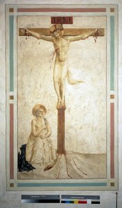 Ukrzyżowanie ze św. Dominikiem. Na krzyżu napis "INRI". Fresk Guido di Pietro autorstwa Fra Angelico