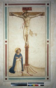 Ukrzyżowanie ze św. Dominikiem. Na krzyżu napis "INRI". Fresk Guido di Pietro autorstwa Fra Angelico