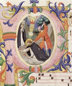 Mszał 558 f.68v Historyczny inicjał „P” przedstawiający zamach na św. Piotra Męczennika autorstwa Fra Angelico