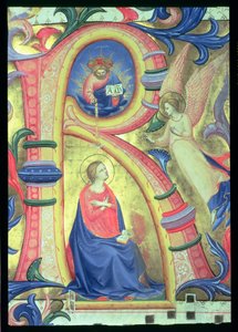 Ms 558 f.33v Zwiastowanie przedstawione w historycznym inicjale R, detal z mszału, wczesne lata 30. XIV w., pergamin 88932 autorstwa Fra Angelico