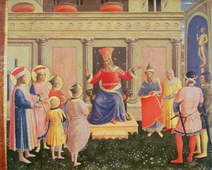 Święci Kosma i Damian oraz ich bracia przed prokonsulem Lizjaszem, z predelli ołtarza św. Marka, 1438-40 (tempera na desce) autorstwa Fra Angelico